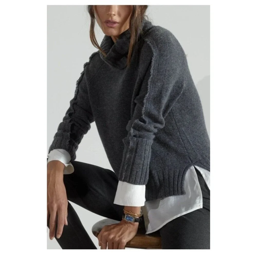 $428 Brochu Walker Jolie Fringe Layered Sweater Gray Wool Cashmere Turtleneck L - Picture 3 of 8